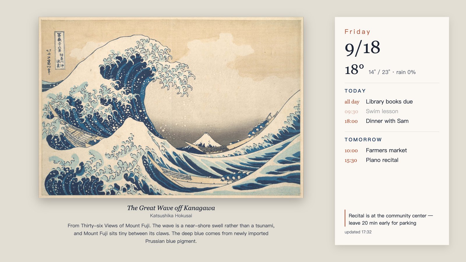 The Frame showing Hokusai's Great Wave on the left and a calendar card on the right